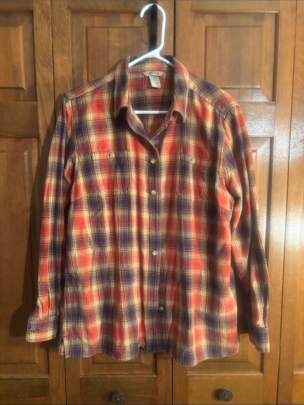 Duluth Trading Co Plaid Button-Up Shirt in Red, Orange & Purple